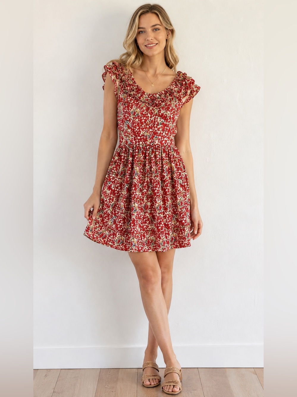 KAY UNGER Silk New York Womens sz 12 Red Dress‎ Sleeveless Floral